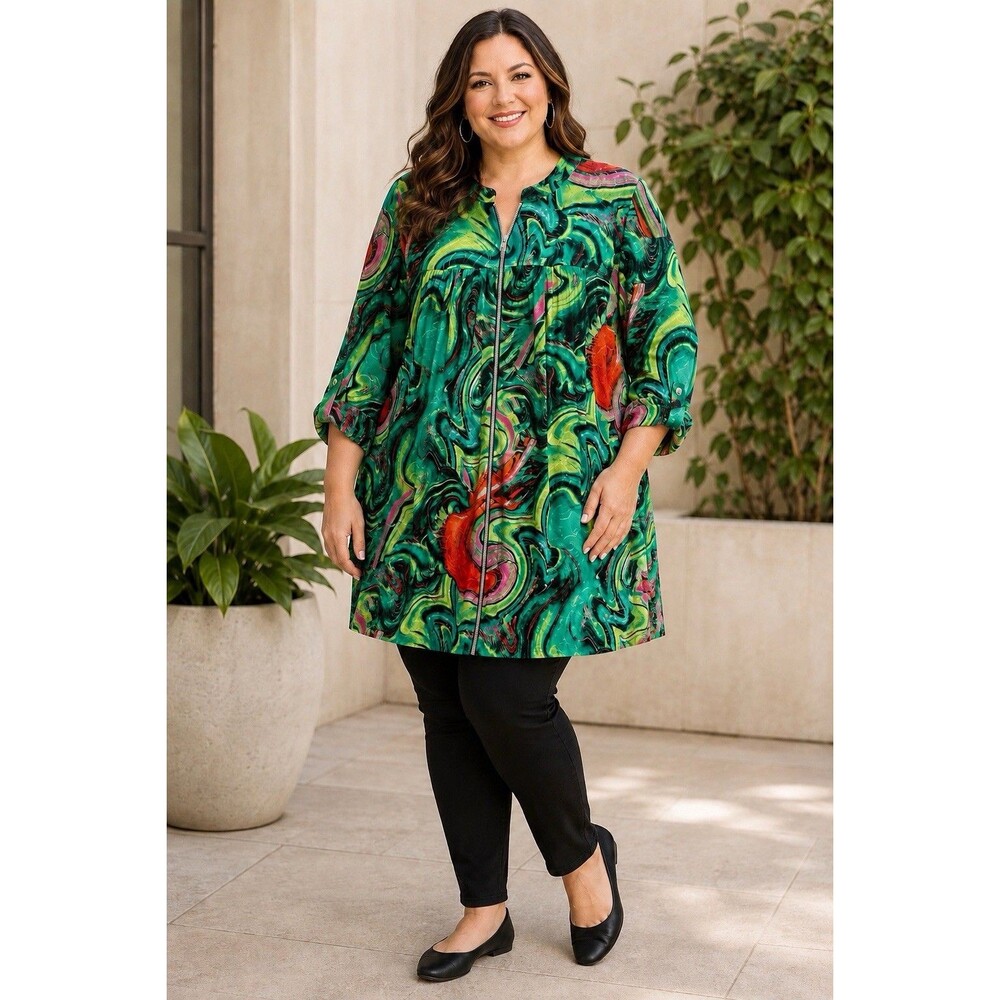 Cocomo Woman 2X Green Abstract Swirl Print Zip Front Tunic Top Roll Tab Sleeves